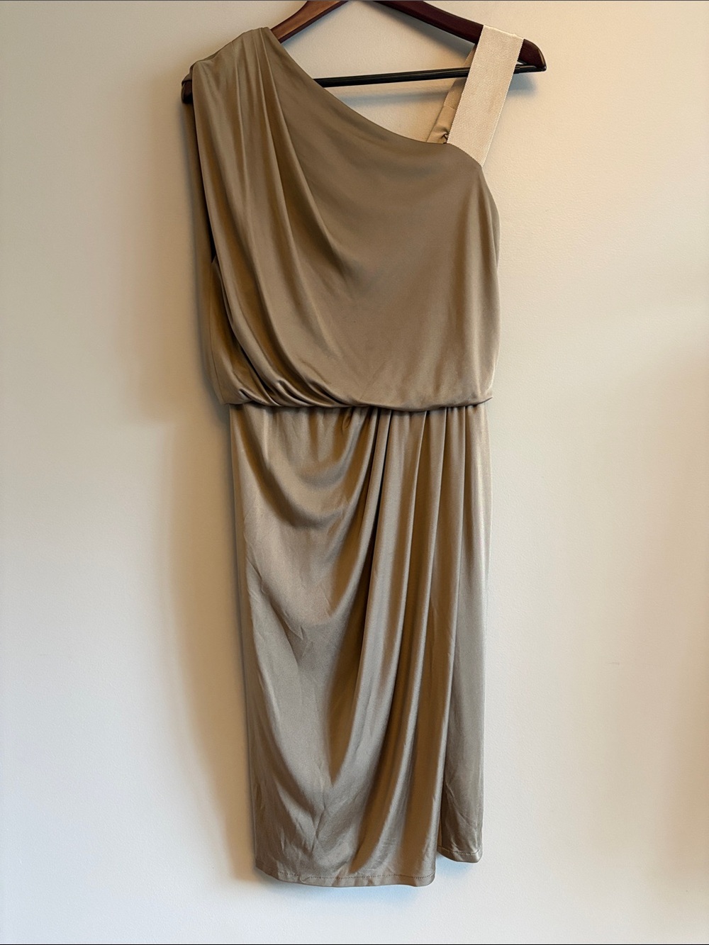 LIDA BADAY | One-Shoulder Taupe Draped Stretch Dress - sz S